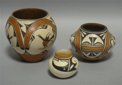 Appraisal: THREE ACOMA POTS The largest signed Juanita Shij Zia Pueblo