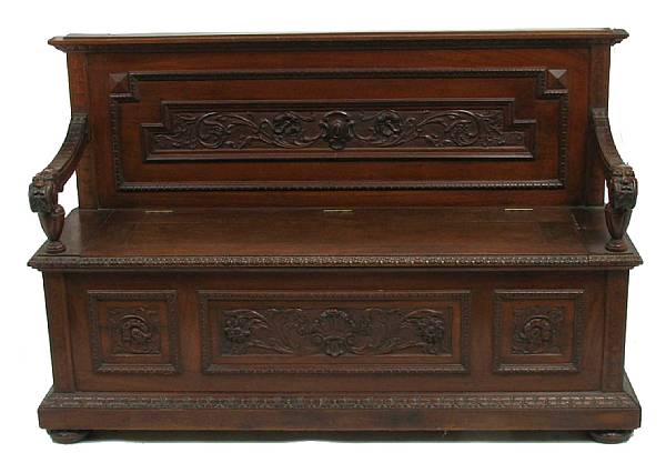 Appraisal: An English carved mahogany hall bench height in width ft