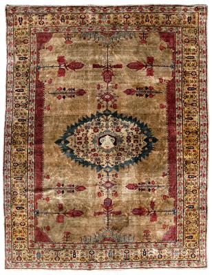 Appraisal: Silk rug oval central medallion with human head and blue