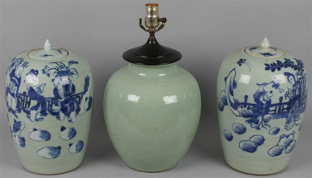 Appraisal: PAIR OF CHINESE UNDERGLAZE BLUE AND WHITE CELADON-GLAZED JARS AND