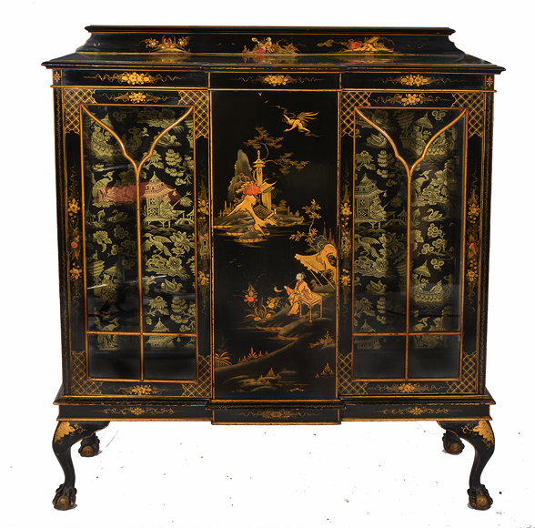 Appraisal: AN EARLY TH CENTURY BLACK LACQUERED CHINOISERIE DECORATED BREAK FRONT