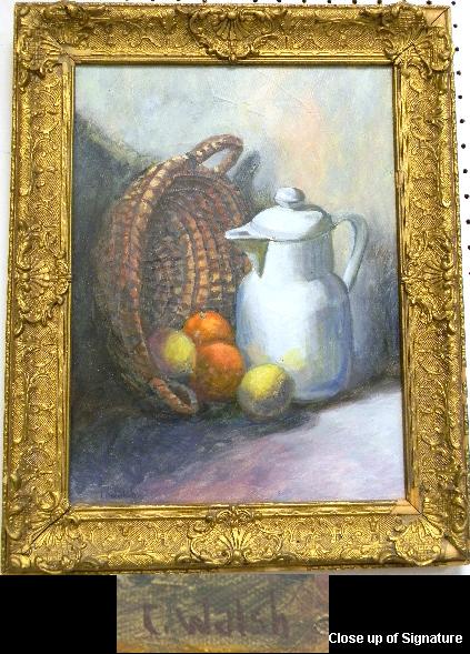 Appraisal: C Walsh oil on canvas of a pitcher and fruit