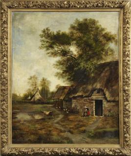 Appraisal: French School Farmhouse Scene with Cow Watering French School Farmhouse