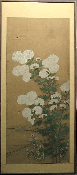 Appraisal: A framed panel of chrysanthemums Ink and color on paper