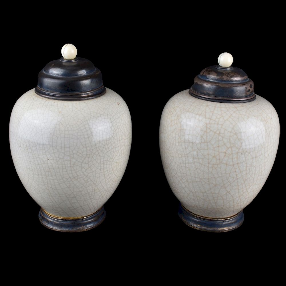 Appraisal: Pair of th C Silver Mounted Porcelain Jars Pair of