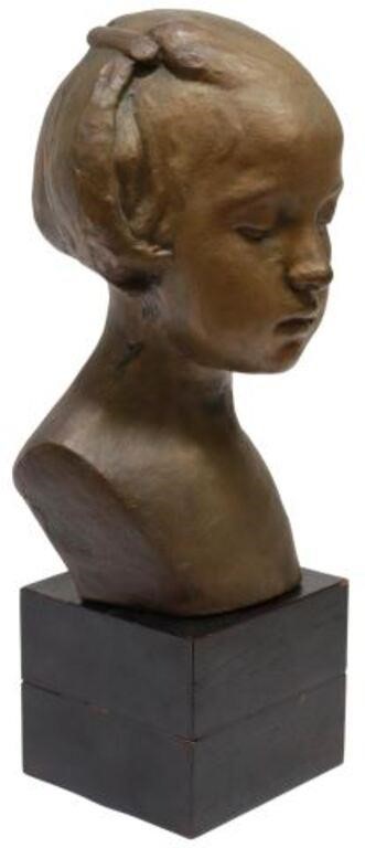 Appraisal: Patinated bronze sculpture Bust of a Young Girl signed G