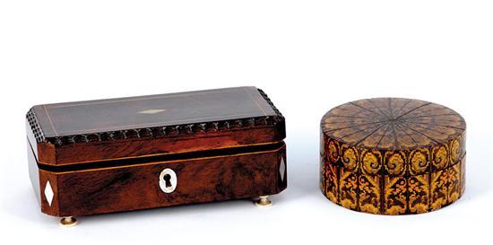 Appraisal: English tunbridge and mahogany boxes th century round intricate tunbridge