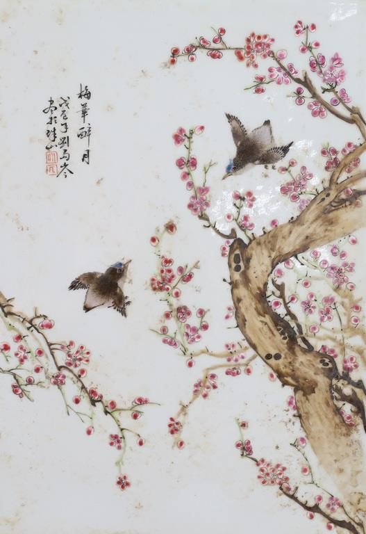 Appraisal: HAND PAINTED CHINESE PORCELAIN PLAQUE BIRDSHand painted Chinese porcelain plaque