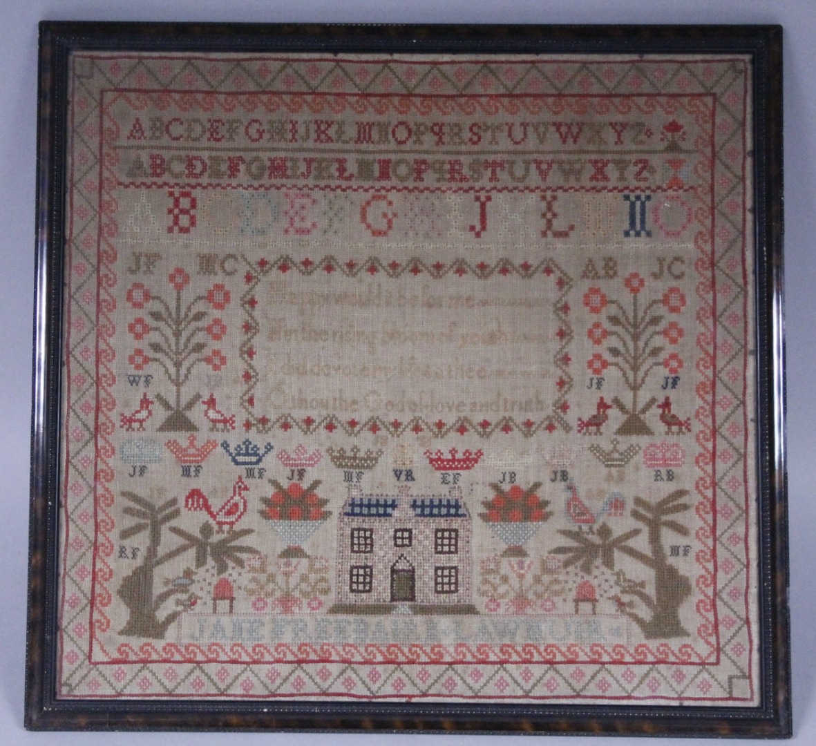 Appraisal: A thC pictorial motto and alphabetic sampler by Jane Freebarbh-Lawmur