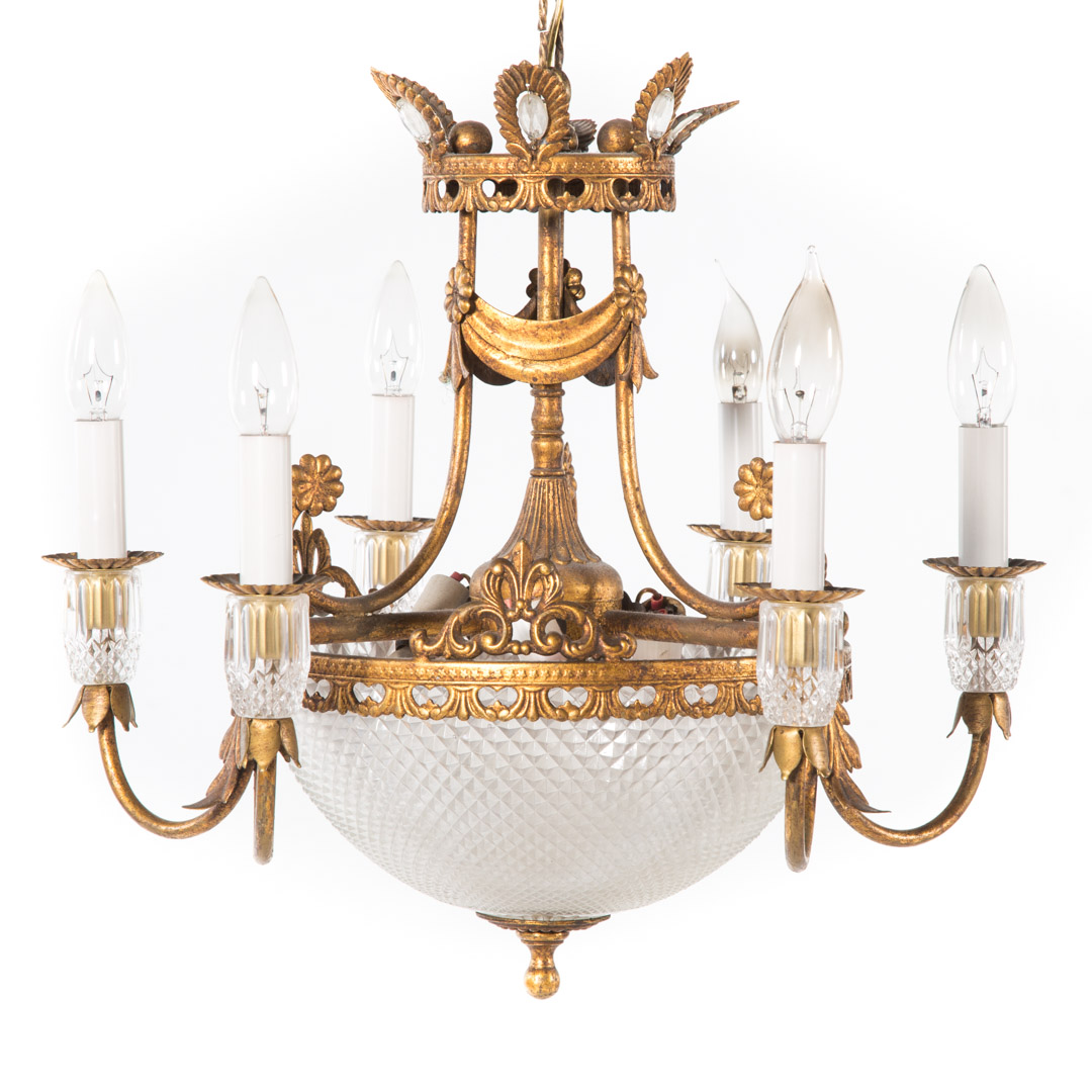 Appraisal: Empire style gilt metal six light chandelier gilt metal frame