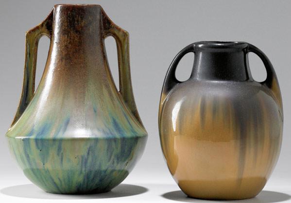 Appraisal: FULPER Two two-handled vases one covered in Copperdust Crystalline to