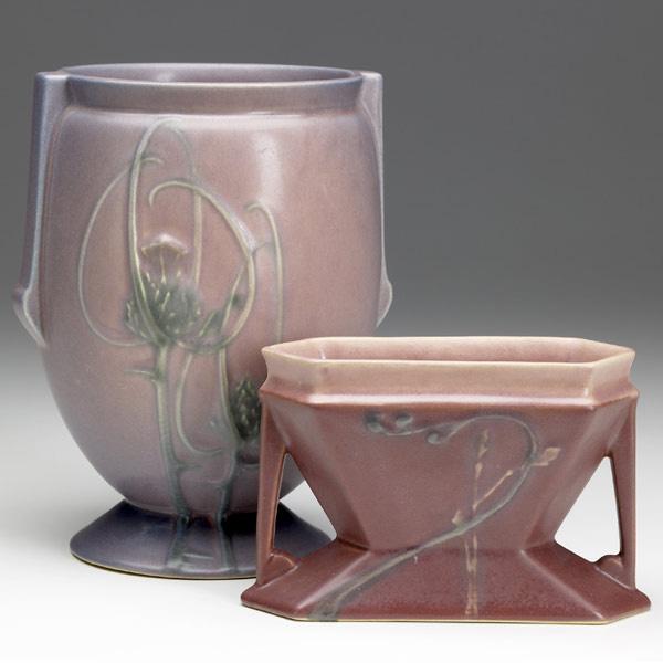 Appraisal: ROSEVILLE Futura two vases mauve Thistle pink faceted Unmarked