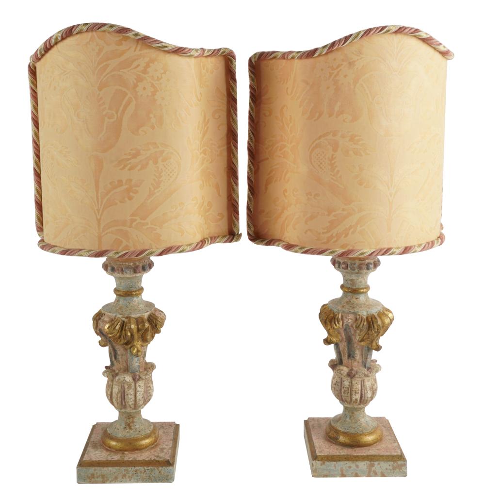 Appraisal: PAIR PAINTED WOOD LAMPS WITH FORTUNY SHADESeach baluster standard issuing