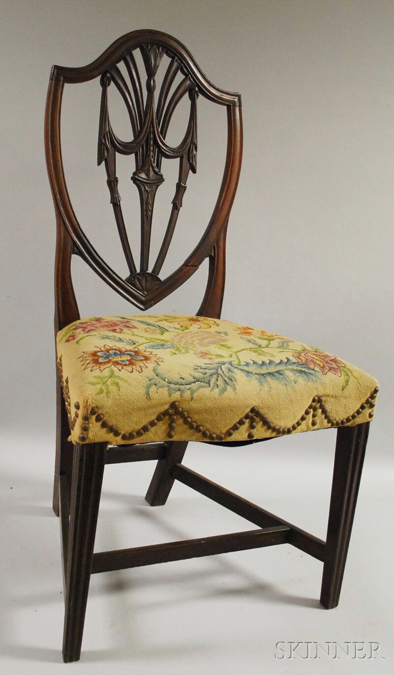 Appraisal: Federal Upholstered Carved Mahogany Shield-back Side Chair Rhode Island repairs