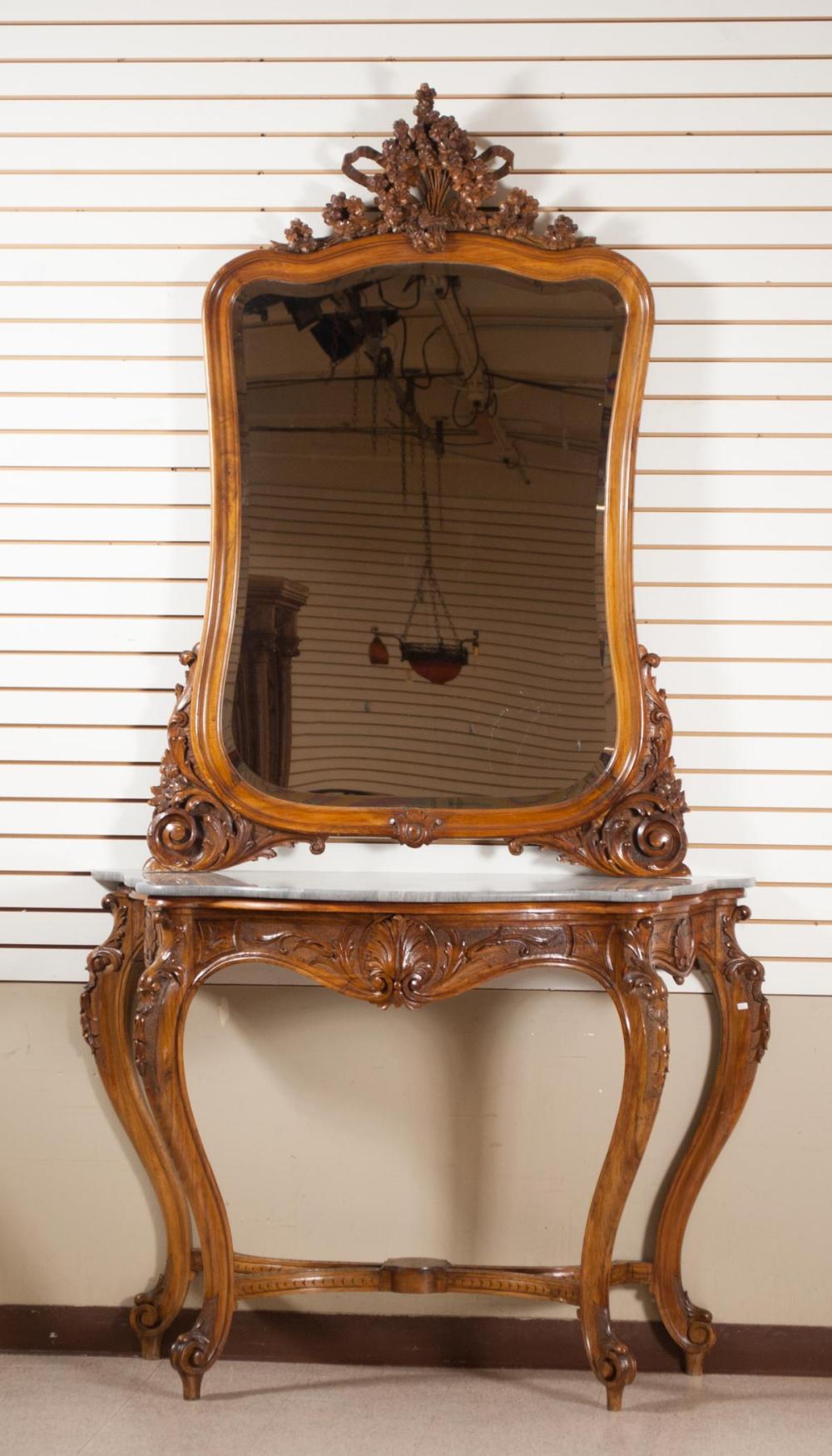 Appraisal: LOUIS XV STYLE MARBLE-TOP CONSOLE TABLE WALL MIRROR SET French