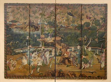 Appraisal: DECORATIVE FOUR-PANEL PAPER SCREEN Mounted on later fabric-covered boards the