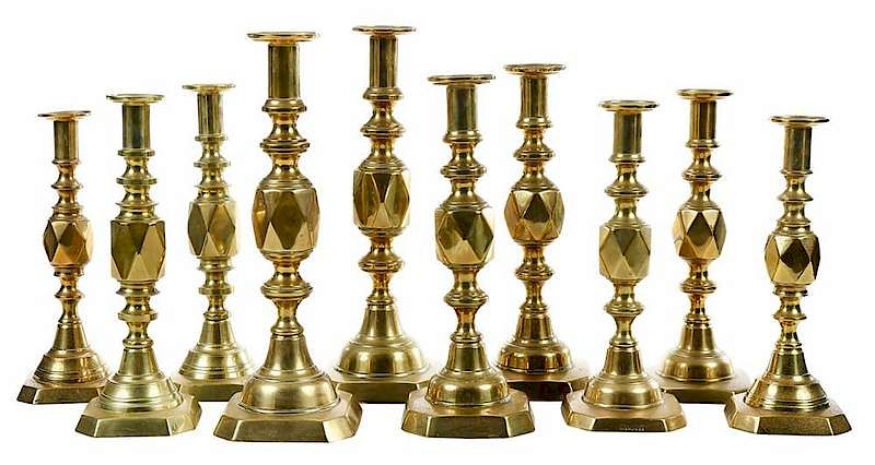 Appraisal: Full Set Brass Diamond Candlesticks British th century push-up candlesticks