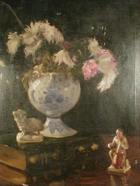 Appraisal: thC School Still life of flowers in a Delft vase