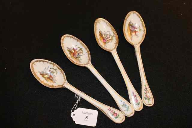 Appraisal: TWO PAIRS OF MEISSEN PORCELAIN SPOONS each painted with fete