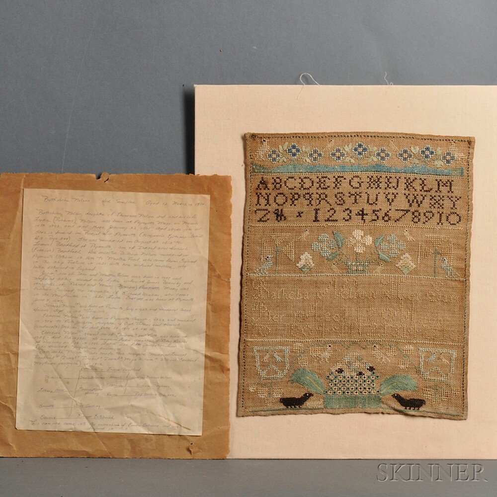 Appraisal: Needlework Sampler Bathsheba Nelson Plymouth Massachusetts worked in silk threads