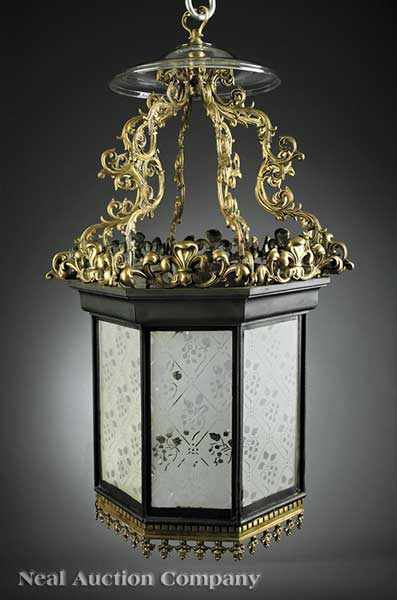 Appraisal: A Fine American Gilt Bronze T le and Etched Glass