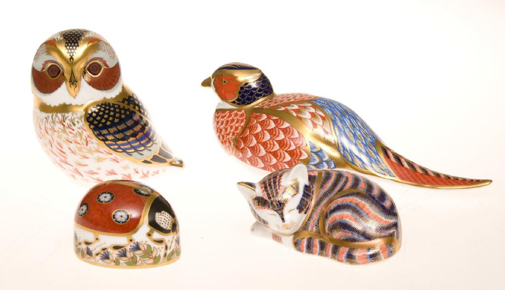 Appraisal: GROUP OF FOUR ROYAL CROWN DERBY PAPERWEIGHTS comprising sleeping cat