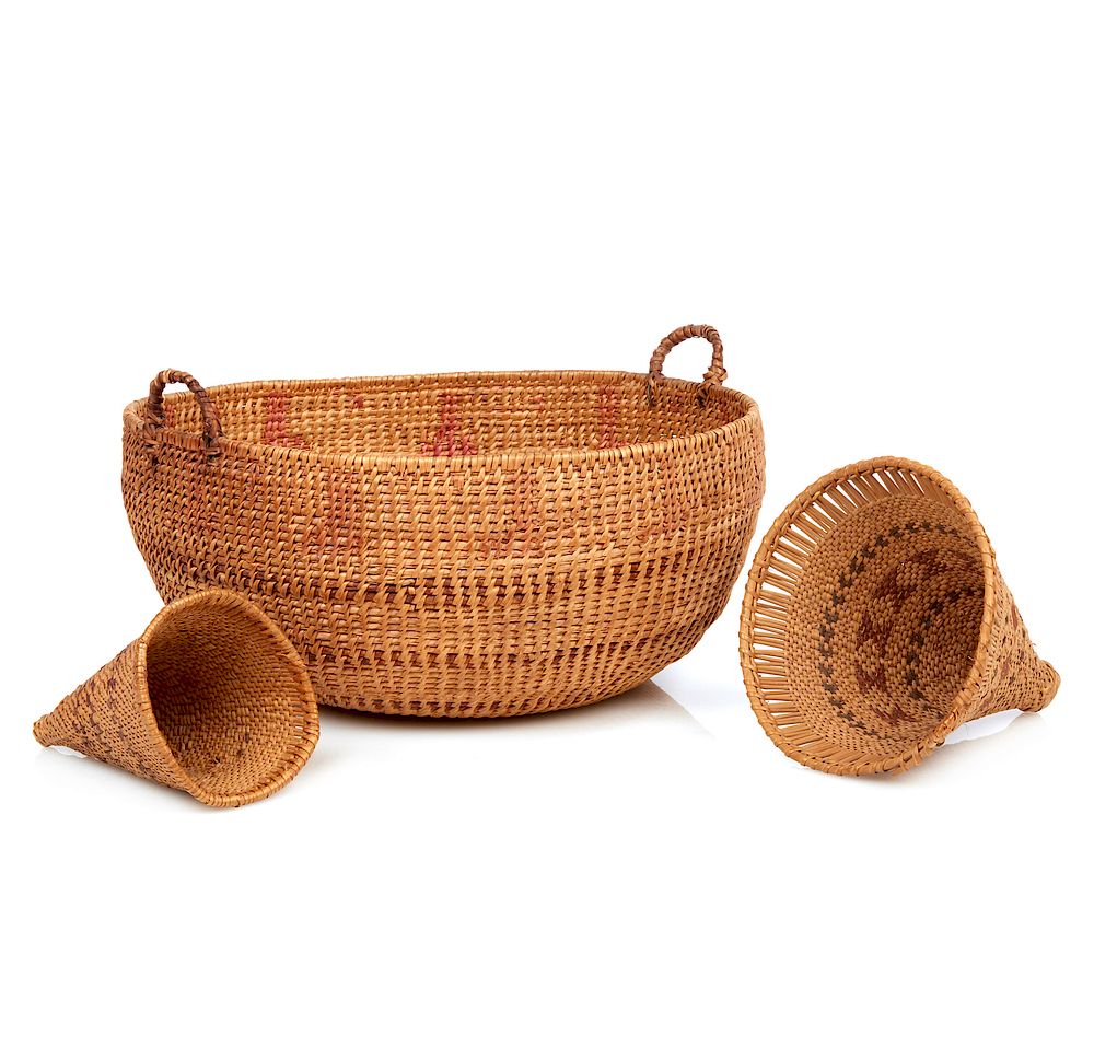 Appraisal: Three Washoe Baskets Three assorted Washoe baskets comprising a large