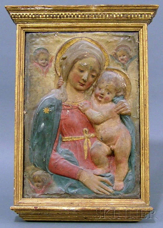 Appraisal: Italian Molded and Painted Canvas Wall Plaque of the Madonna