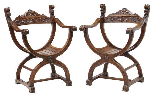 Appraisal: pair Renaissance Revival carved walnut Savonarola chairs th c carved