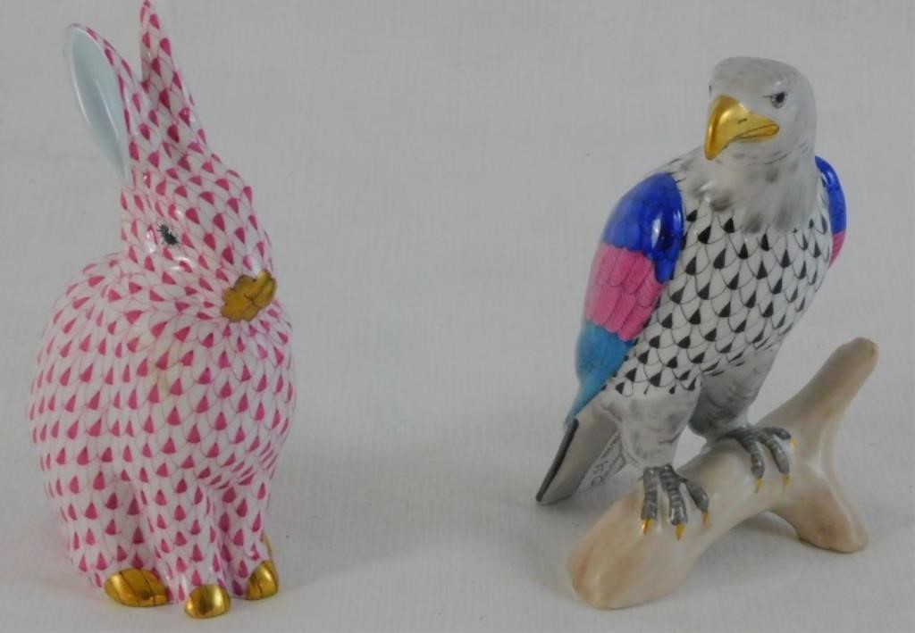 Appraisal: TWO HEREND PORCELAIN FIGURINES TO INCLUDE Arabbit with magenta fishnet