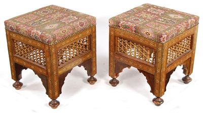 Appraisal: A pair of parquetry decorated and turned wood stools in