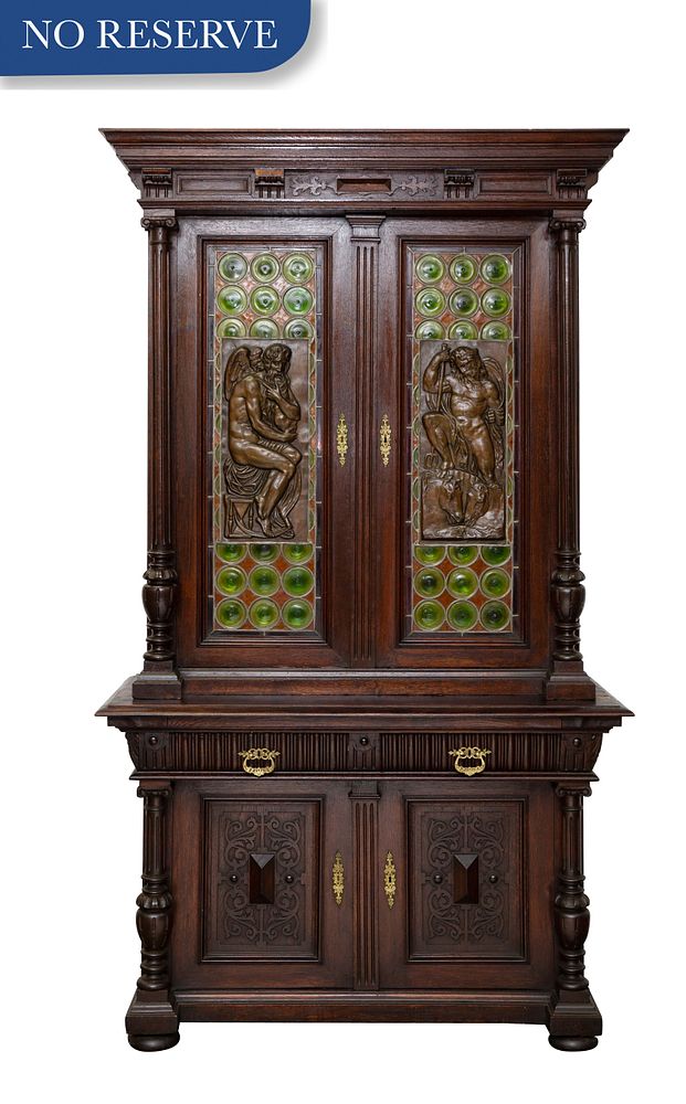 Appraisal: FRENCH RENAISSANCE-REVIVAL STAINED-OAK COLORED LEAD-GLASS AND BRONZE-INSET STEPBACK BOOKCASE CABINET