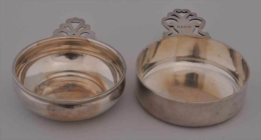 Appraisal: TIFFANY CO MONOGRAMMED SILVER PORRINGER AND AN INTERNATIONAL PORRINGER -