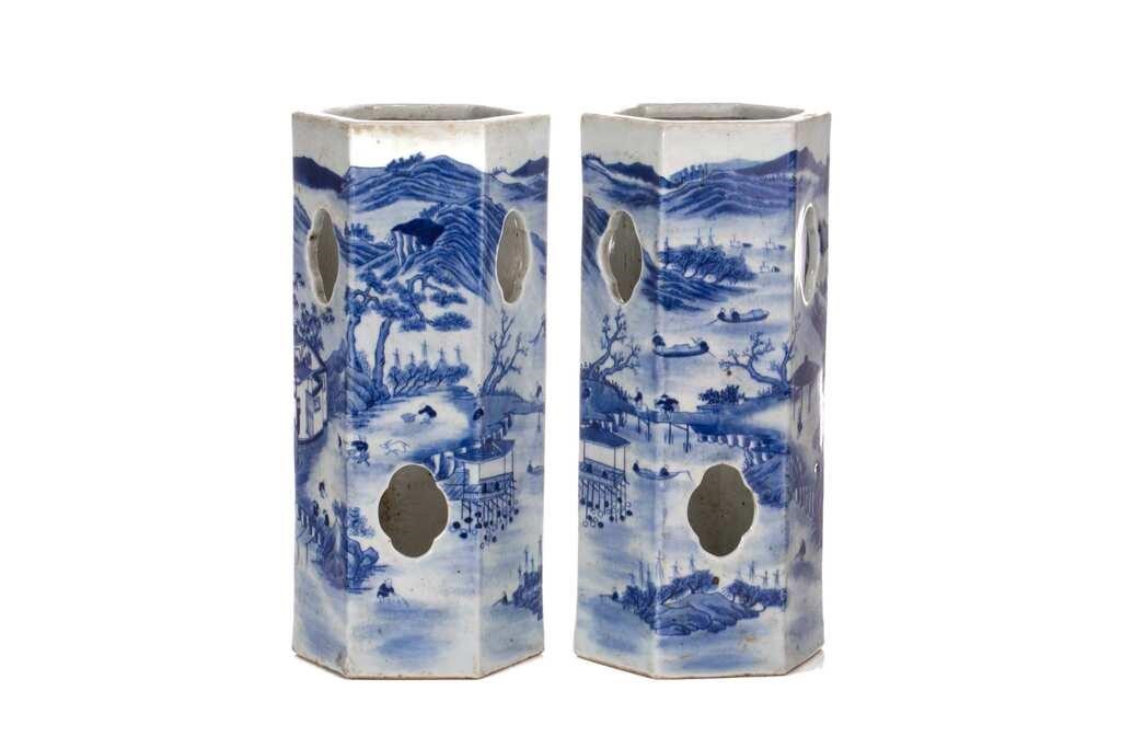 Appraisal: Chinese each of hexagonal form featuring figures amongst village landscape