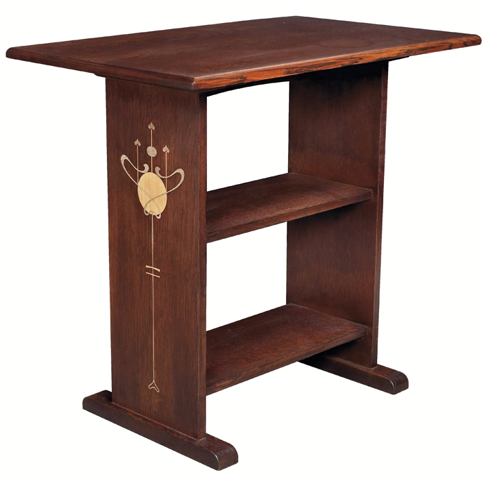 Appraisal: Stickley table contemporary shoe-foot form with two shelves inlaid designs