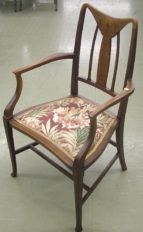 Appraisal: Art Nouveau mahogany inlaid bedroom armchair the stylised pierced splats