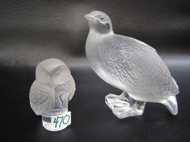 Appraisal: TWO SIGNED LALIQUE FRANCE CRYSTAL BIRD FIGURES frosted and clear