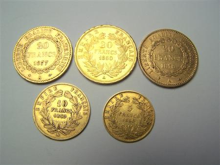 Appraisal: A collection of French gold coins to include Francs A