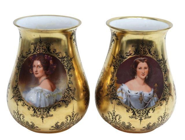 Appraisal: pair Vienna style parcel gilt porcelain portrait vases Hutschenreuther c