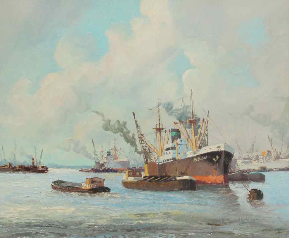 Appraisal: BUSY HARBOR SCENE WITH TUG BOATS AND SHIPS SIGNED 'HEADERMANN'