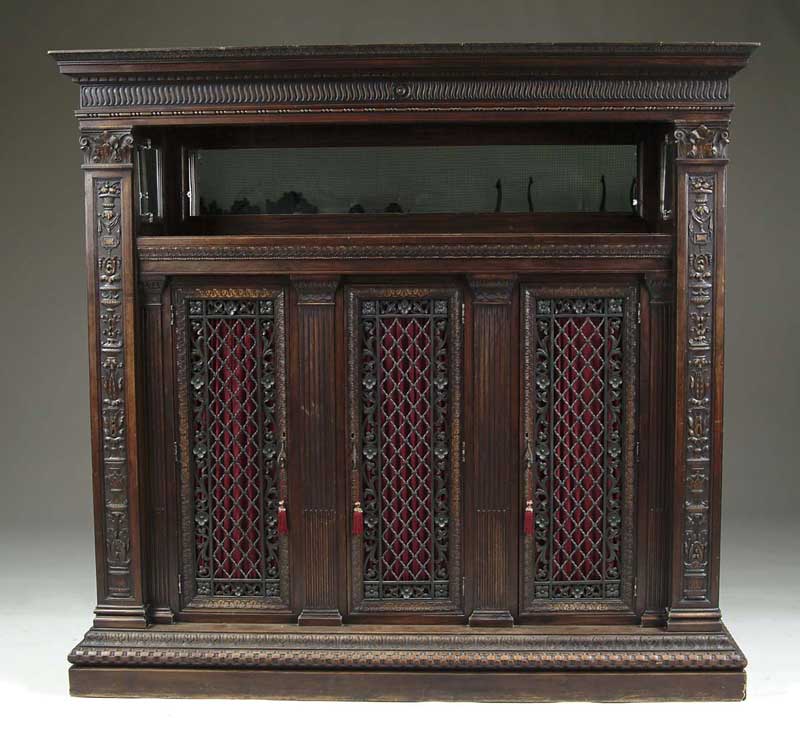 Appraisal: OUTSTANDING LARGE CARVED THREE DOOR MIRROR TOP CABINET The top