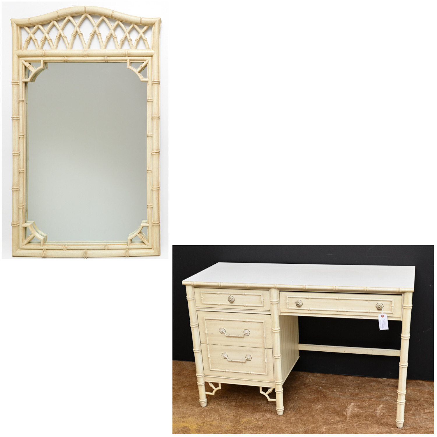 Appraisal: THOMASVILLE FAUX BAMBOO DESK MIRROR th c cream painted desk