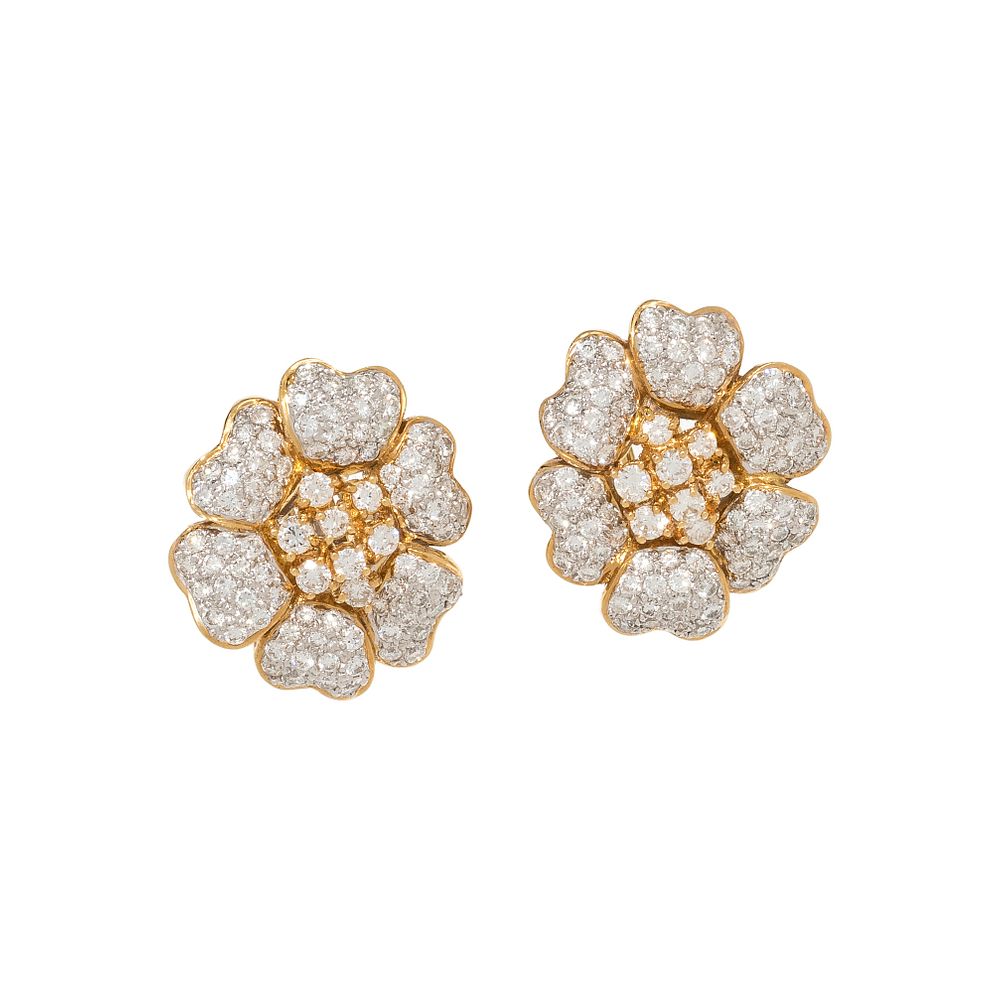 Appraisal: DIAMOND FLOWER EARCLIPS DIAMOND FLOWER EARCLIPS Containing numerous round brilliant