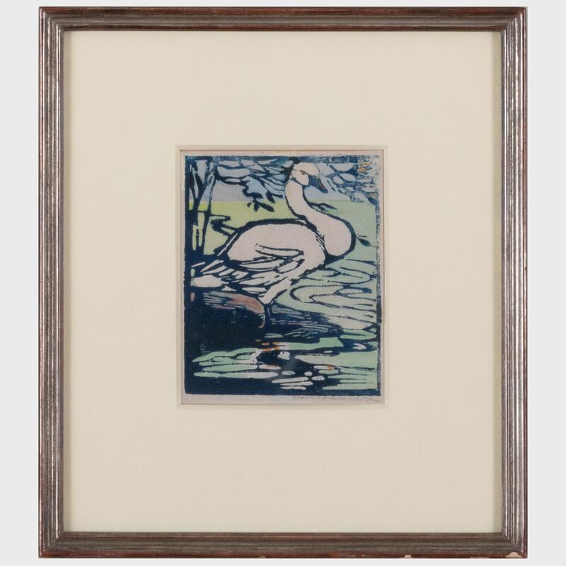 Appraisal: Frances Hammel Gearhart - Swan Woodcut in colors on thin