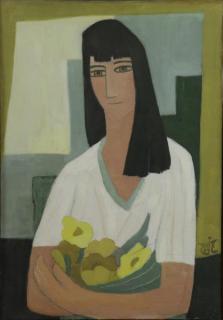 Appraisal: SCHLESINGER Samuel Oil on Canvas Girl with Flowers Signed in