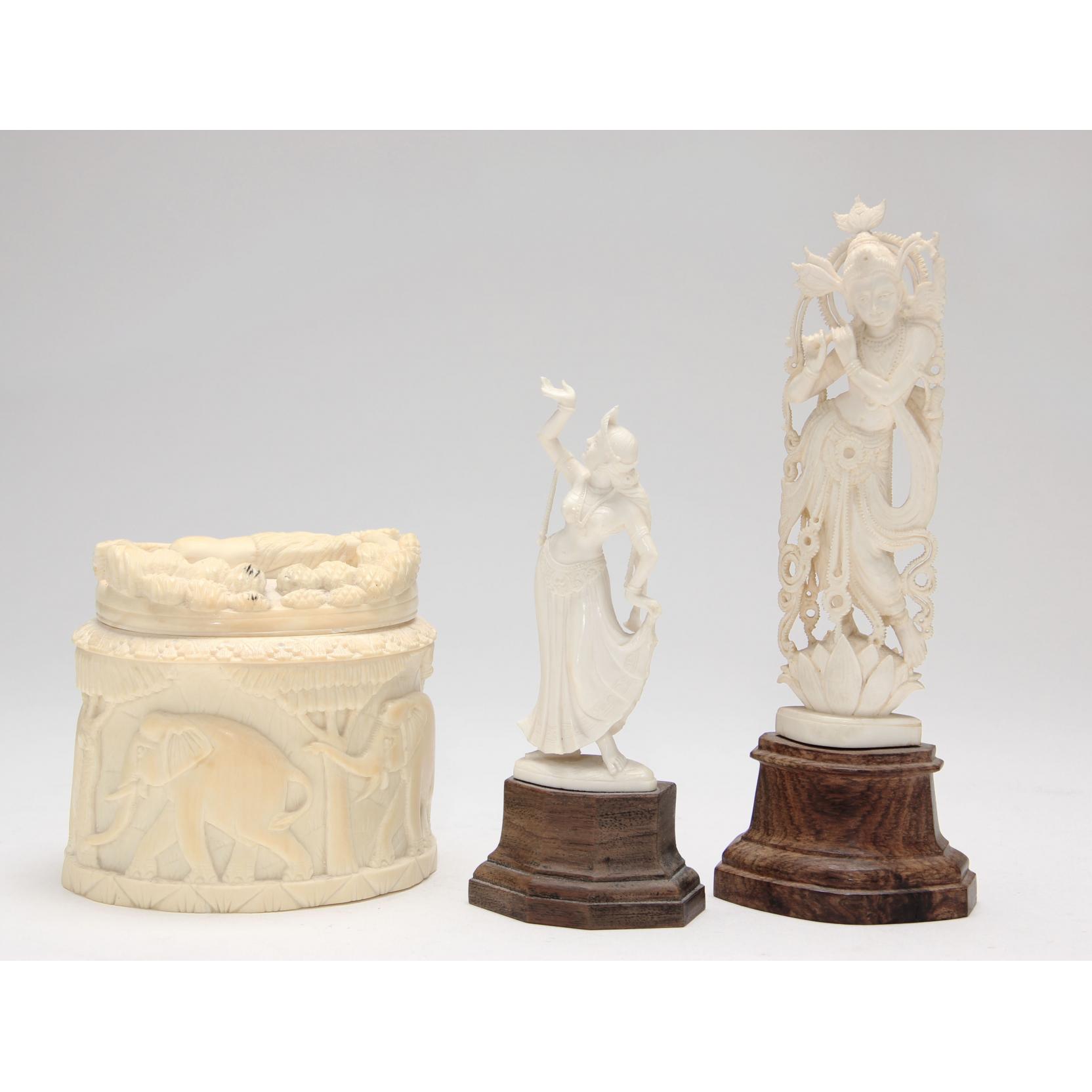 Appraisal: Two Indian Ivory Figures and a Lidded Box the first