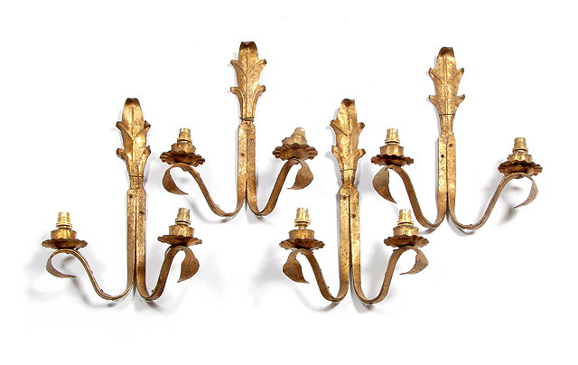 Appraisal: A SET OF FOUR OLD GILT METAL TWO BRANCH WALL