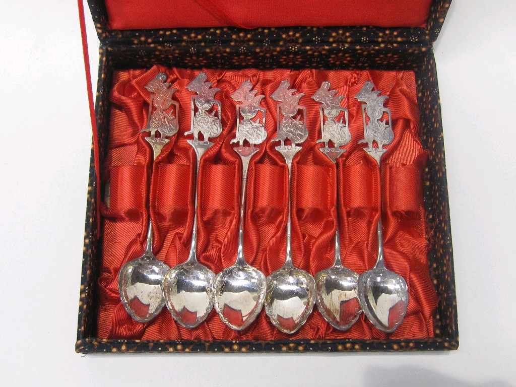 Appraisal: Cased set of six Eastern silver spoons with figural finials