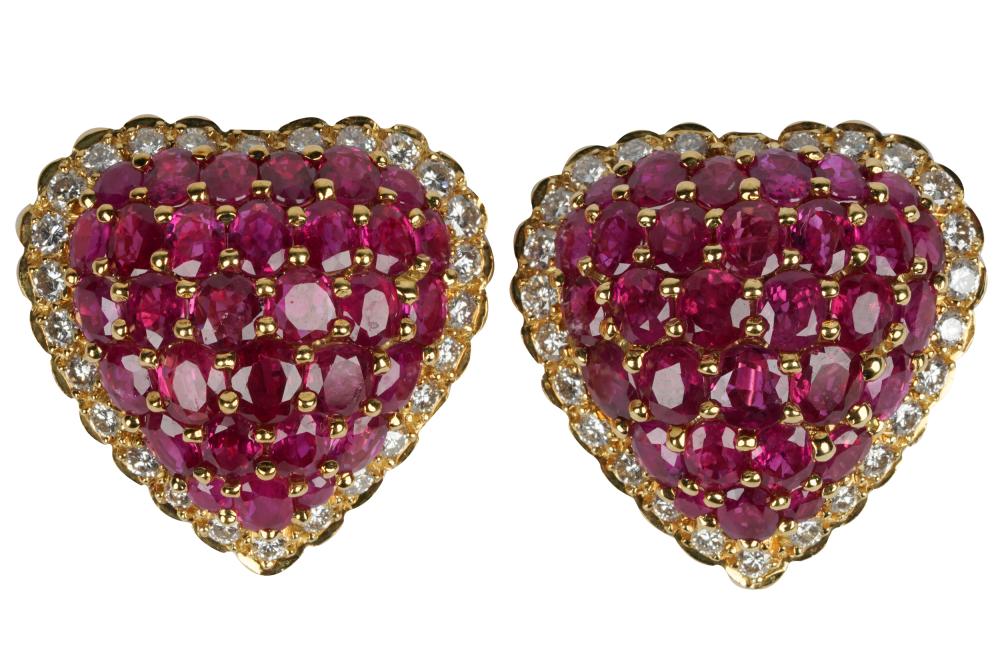 Appraisal: PAIR OF KARAT YELLOW GOLD RUBY DIAMOND 'HEART' EARRINGScontaining full