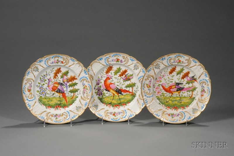 Appraisal: Set of Six Chelsea-style Gilt and Hand-painted Bird and Floral